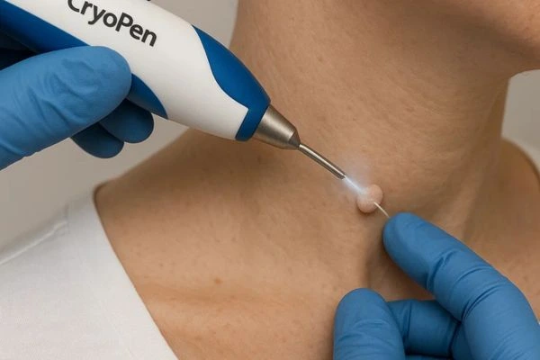 Person receiving cryotherapy Rochdale for skin tag removal