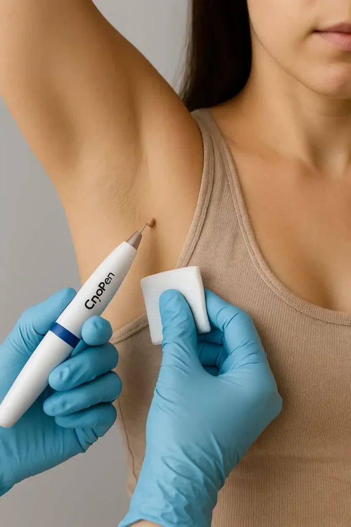 woman having cryopen to remove underarm skin tags Rochdale
