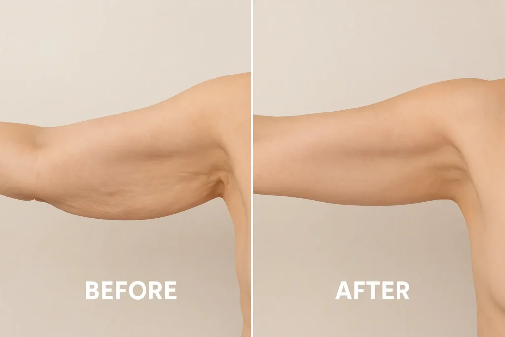 Picture of LA LIPO Rochdale before and after results of skin tightening treatment on the upper arms.