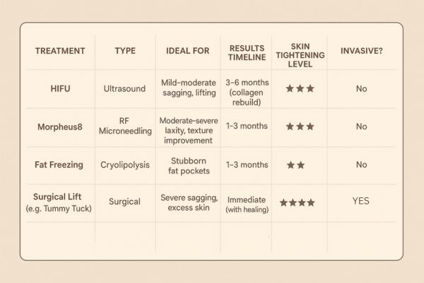 Table showing the comparisons of Skin tightening Rochdale treatment options.